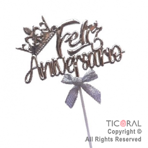 CAKE TOPPER FELIZ ANIVERSARIO CORONA PLATA X 1